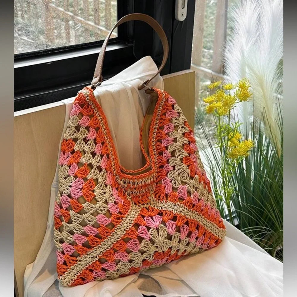 Elegant Orange and Pink Crochet Hobo Bag